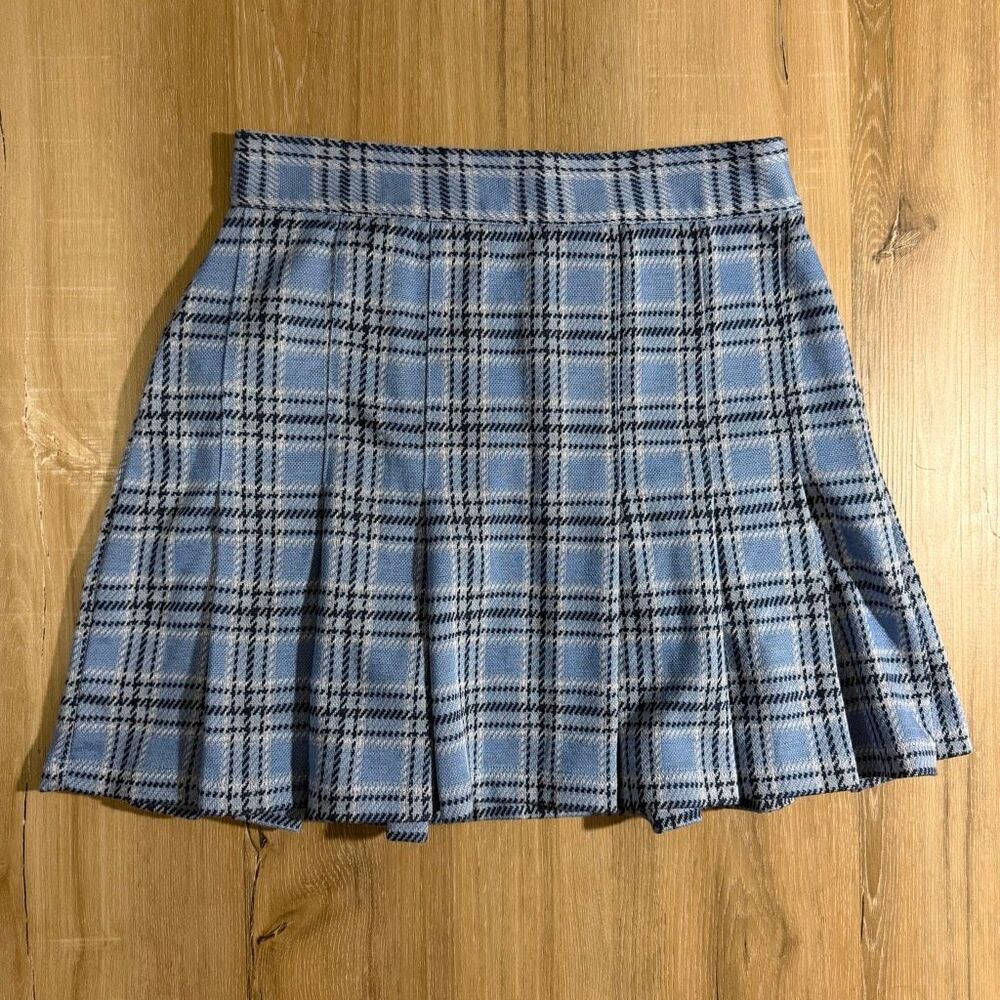 Free People Honey Plaid Pleated Mini Skirt Blue Sz 2 Academia Preppy Boho Chic